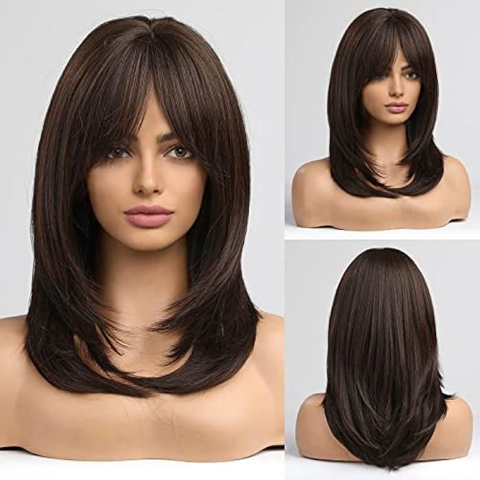 DILLARDS Alanhair Dark Brown Wigs For Women,Haircube Shoulder-Length Layered Wigs With Bangs Heat Resistant Synthetic Fibre Wigs - Image 2